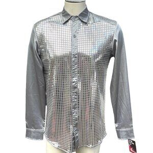 JOGAL Silver Sequin Button Disco Shirt‎ Men Small Slim Fit Theater Costume Party
